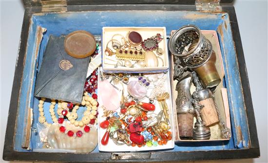 Box of jewellery. 2 gold rings, gold fob & silver jewellery
